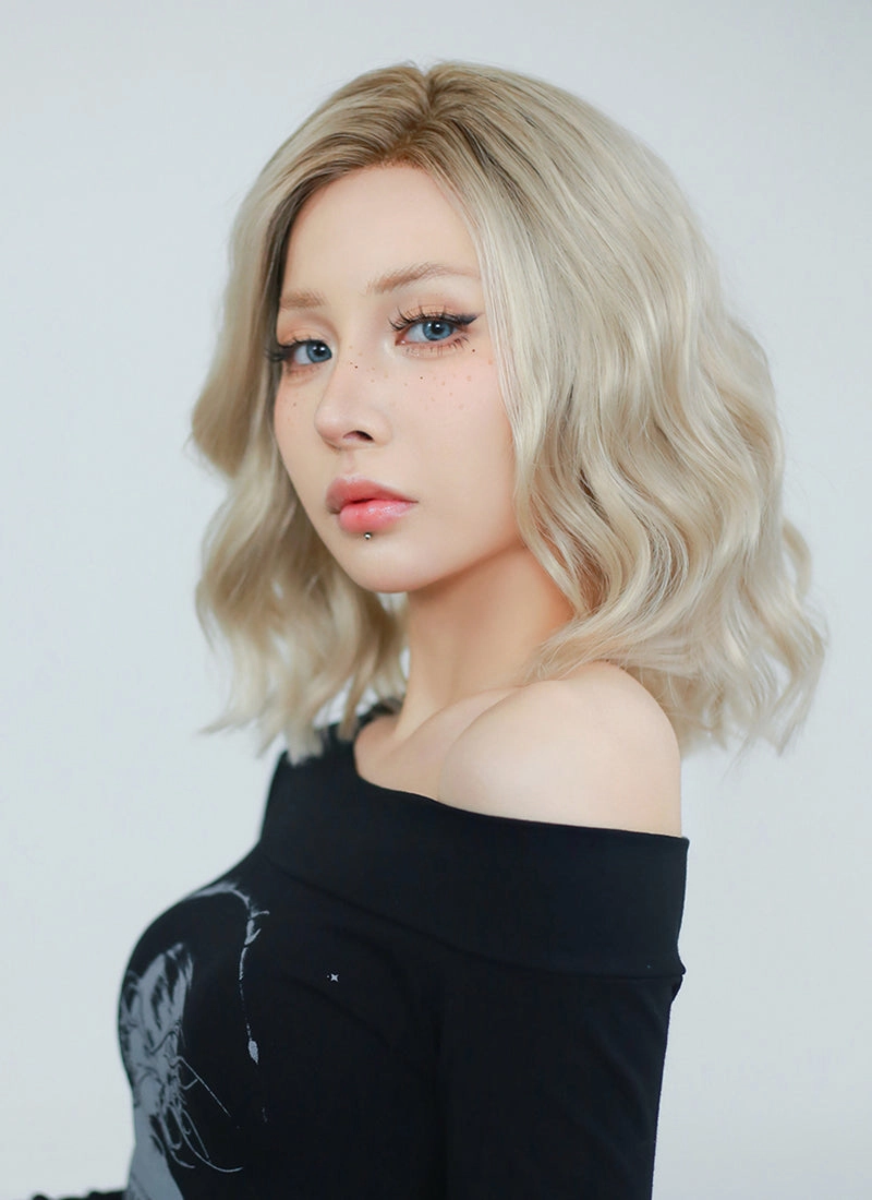 Ash Blonde With Brown Roots Wavy Bob Lace Front Synthetic Wig LF6006
