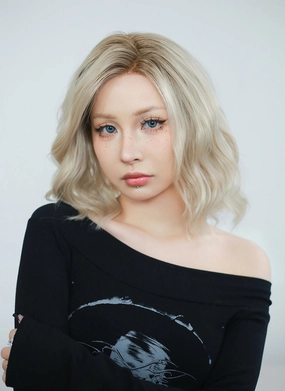 Ash Blonde With Brown Roots Wavy Bob Lace Front Synthetic Wig LF6006