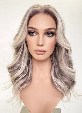 Ash Purple With Blonde Highlights Money Piece Wavy Lace Front Synthetic Wig LF3283