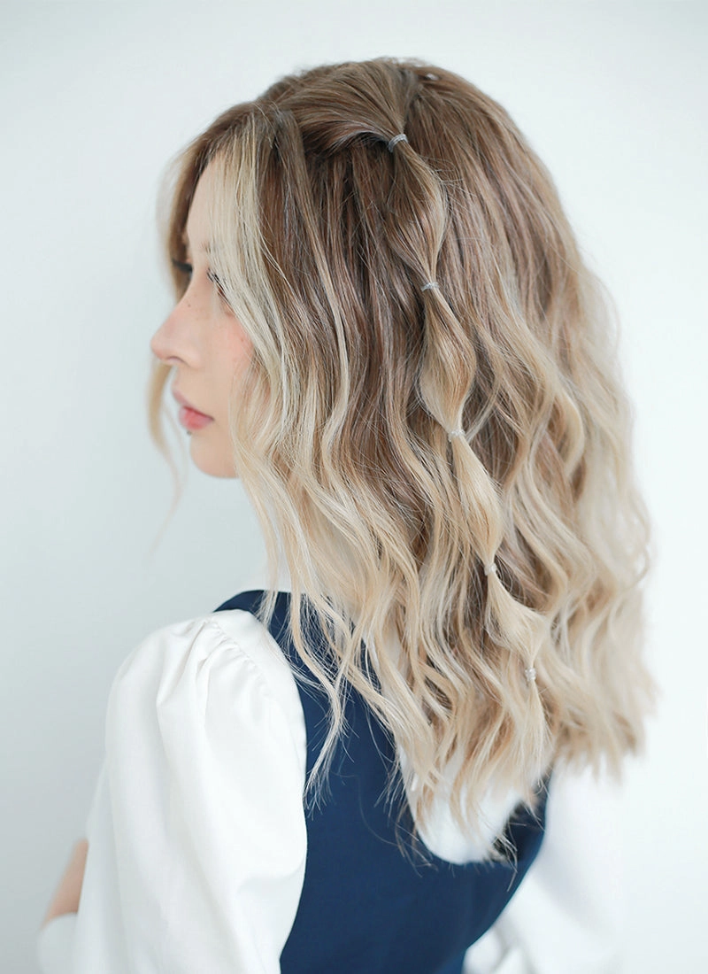 Balayage Blonde Highlights Money Piece Wavy Lace Front Synthetic Wig LF6001