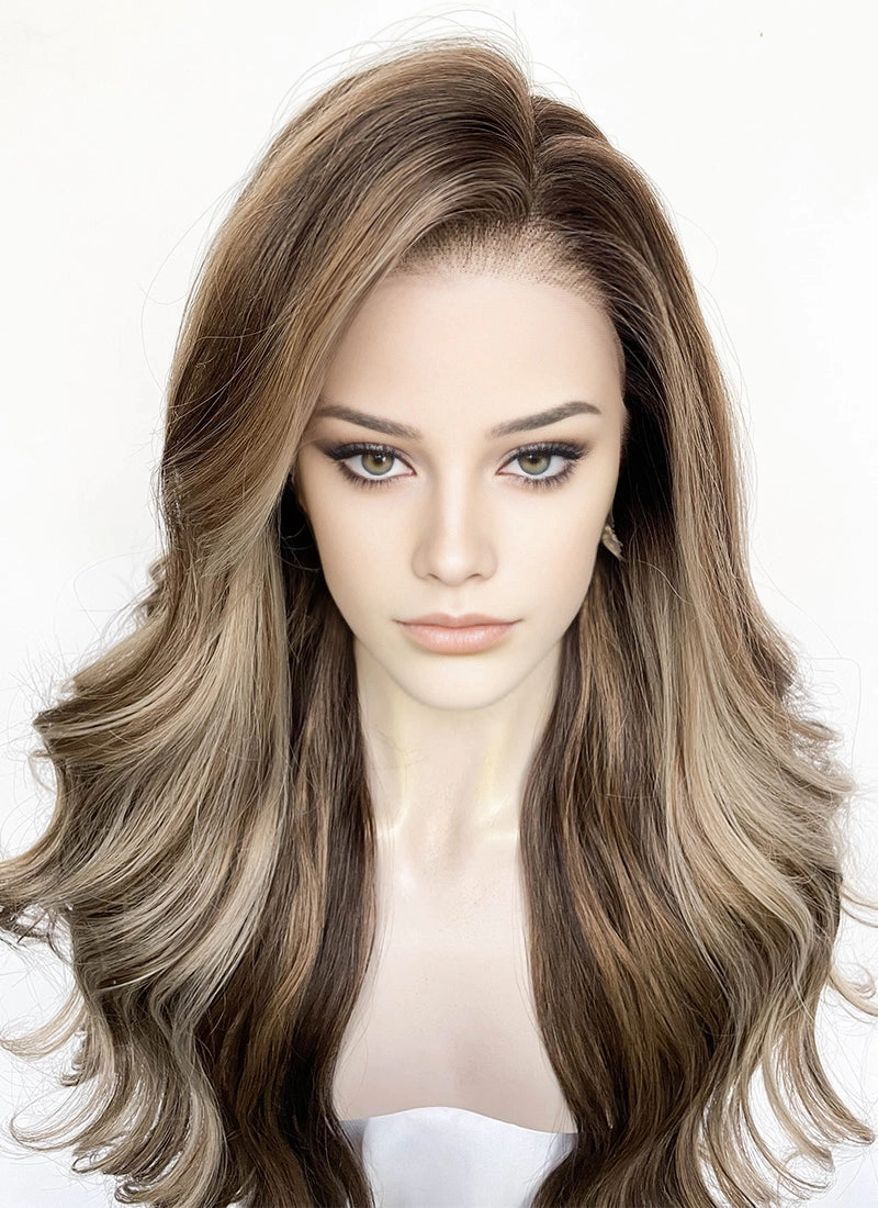 Balayage Blonde Mixed Brown Wavy Lace Front Kanekalon Synthetic Wig LFS045