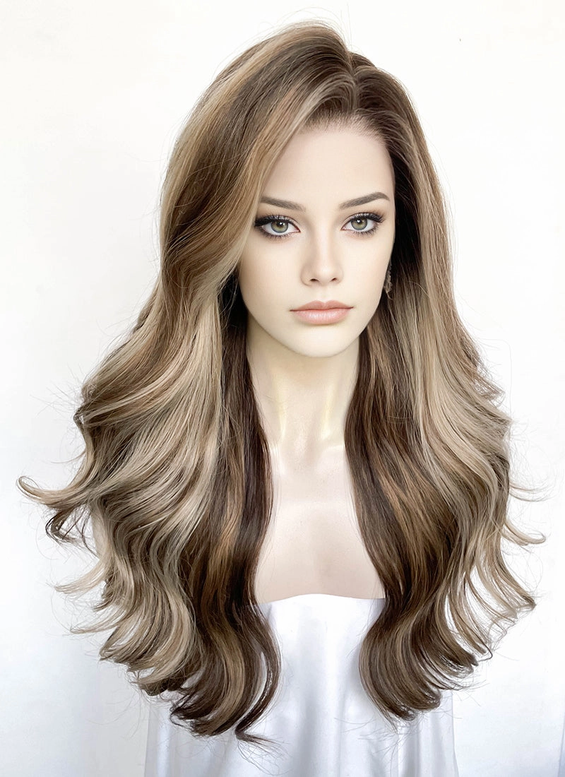 Balayage Blonde Mixed Brown Wavy Lace Front Kanekalon Synthetic Wig LFS045