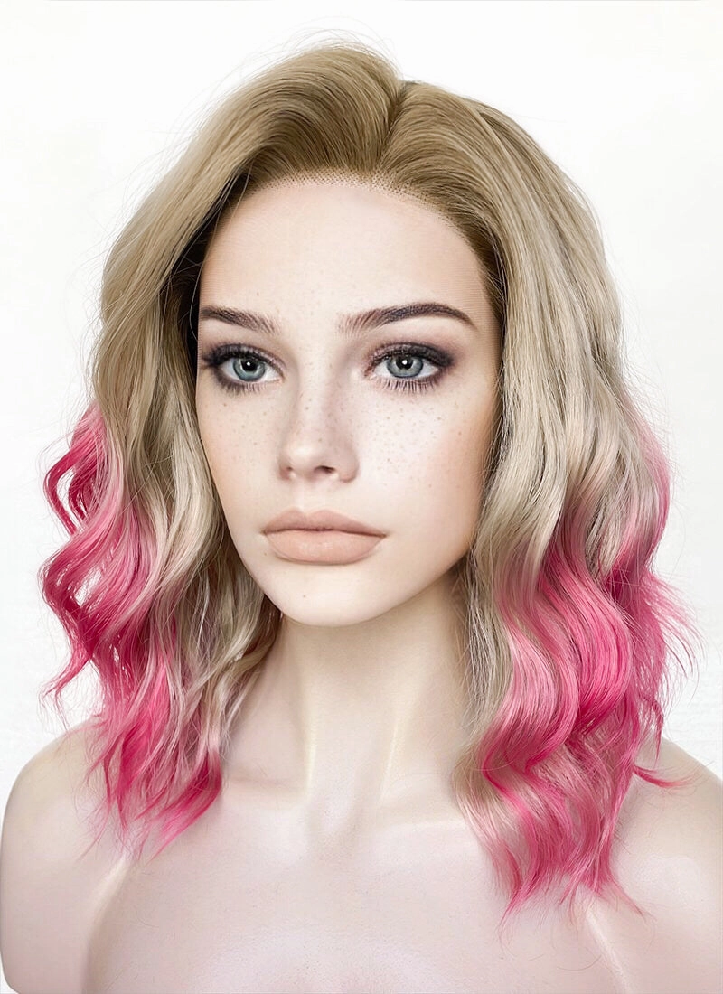 Blonde Mixed Pink With Dark Roots Wavy Lace Front Synthetic Hair Wig LFK5551
