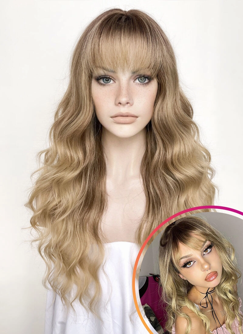 Brown Blonde Ombre Wavy Synthetic Hair Wig NS479