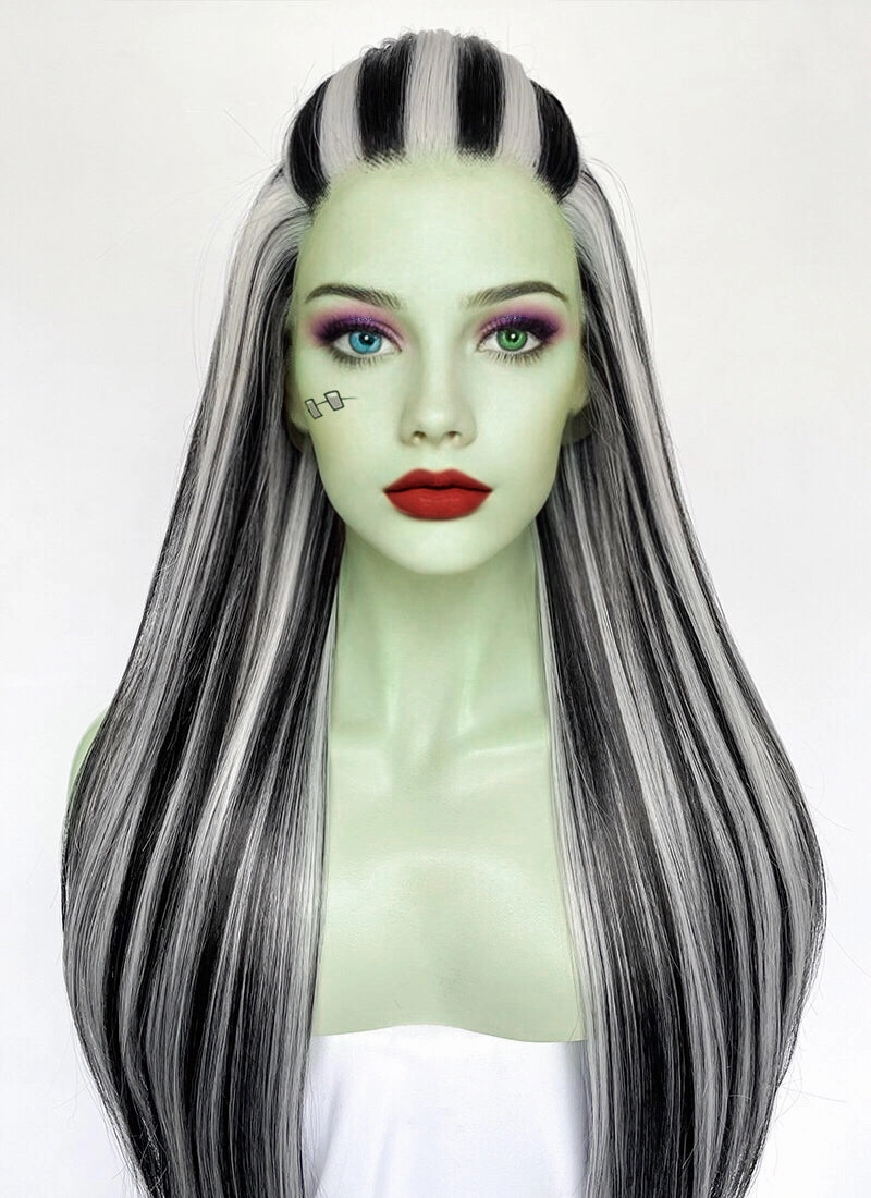 Monster High Frankie Stein Black With Silver Grey Highlights Straight Lace Front Synthetic Wig LW4030