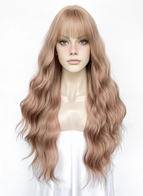 Pastel Peach Pink Wavy Synthetic Hair Wig NS567