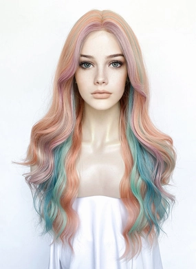 Pink Rainbow Color Wavy Synthetic Wig NL087