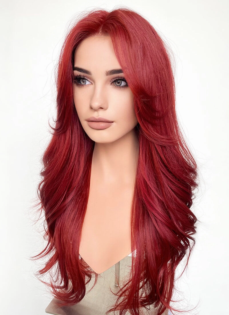 Red Curtain Bangs Wavy Lace Front Synthetic Wig LF3297