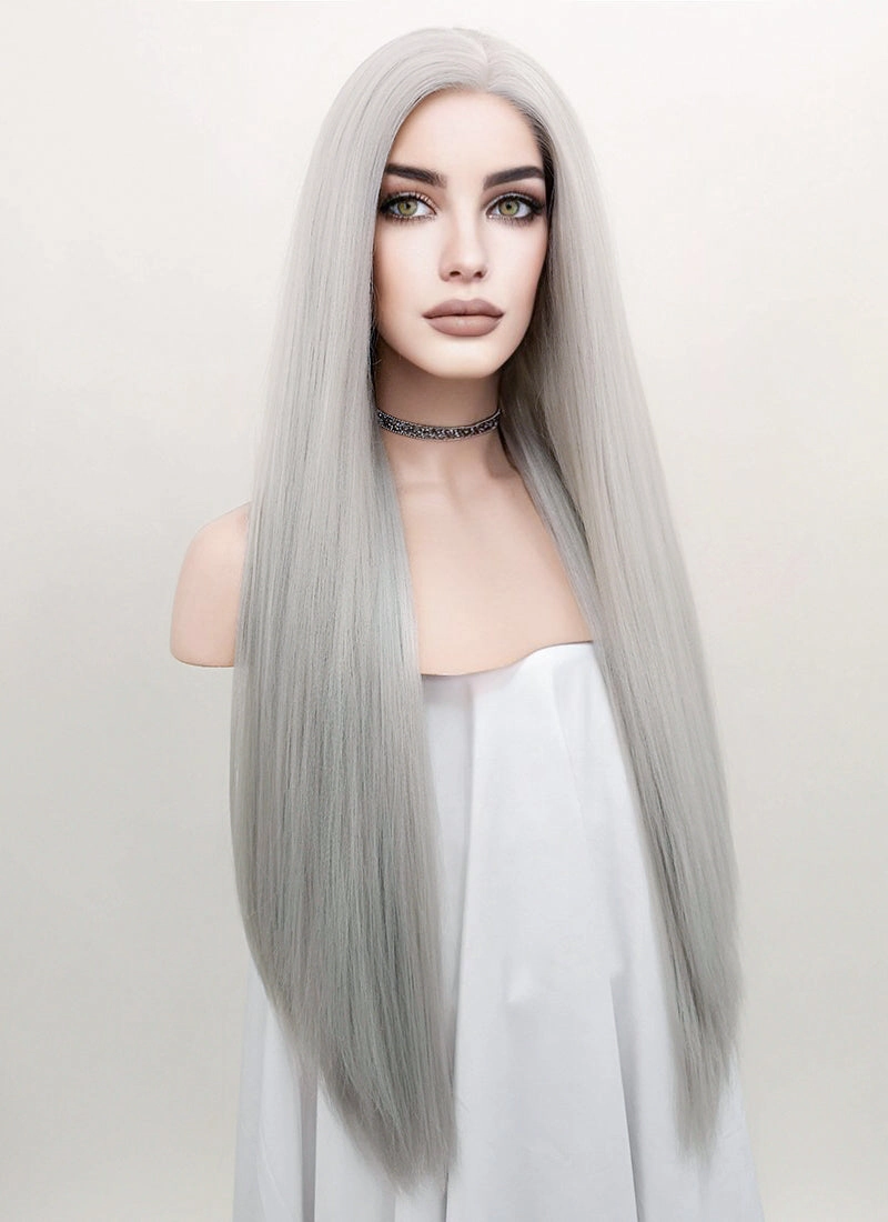 Straight Yaki Silver Grey Lace Front Synthetic Wig LF624N