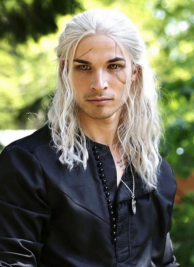 The Witcher Geralt of Rivia Silver Grey Curly Lace Front Synthetic Men's Wig LFX5127